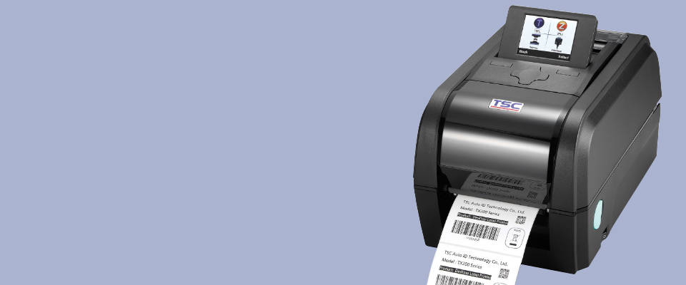 tsc desktop thermal transfer printer shown with 101mm x 74mm thermal labels